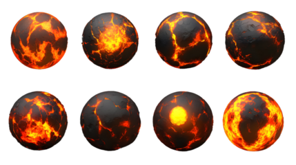 Set of hot lava planets or balls on a transparent background. isolated background.