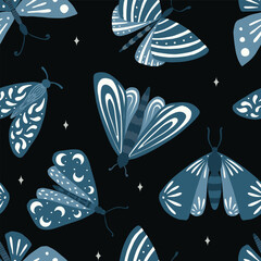 Elegant celestial seamless pattern with herbs. Boho magic background with space elements stars, butterflies. Design for card, fabric, print, greeting, cloth, poster, clothes, textile.