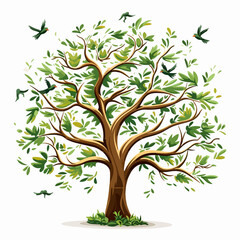 Obraz premium Whimsical Tree and Birds Illustration on White Background