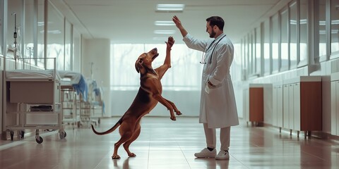 In a veterinary clinic, a compassionate veterinarian is interacting with a dog. This caring professional is focused on providing the right diagnosis and treatment for the canine, ensuring comfort