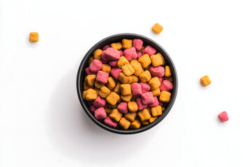 Dog food with a toy arranged on a white background, captured from a top view, showcasing a pet meal setup.

