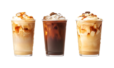 Set of iced coffee with cold foam on a transparent background. isolated background.