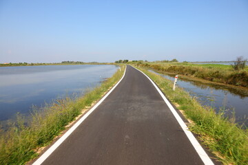 road through the lagoon with fresh new asphalt in the flat plain during summer under the clear sky