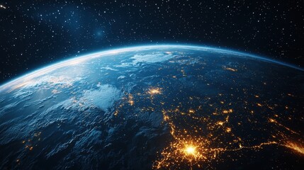 Fototapeta premium Nightly planet Earth in outer space with visible civilization elements.