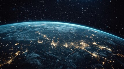 Obraz premium Nightly planet Earth in outer space with visible civilization elements.