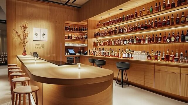 Modern bar illuminated with warm lighting and stocked with liquor bottles