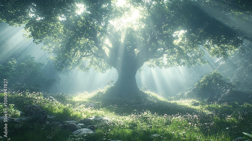 Poster sunlight streams through the branches of a large, ancient oak tree in a misty forest clearing.