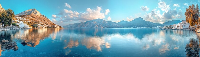 Serene sunset reflection coastal village landscape photography tranquil waters panoramic view natural beauty