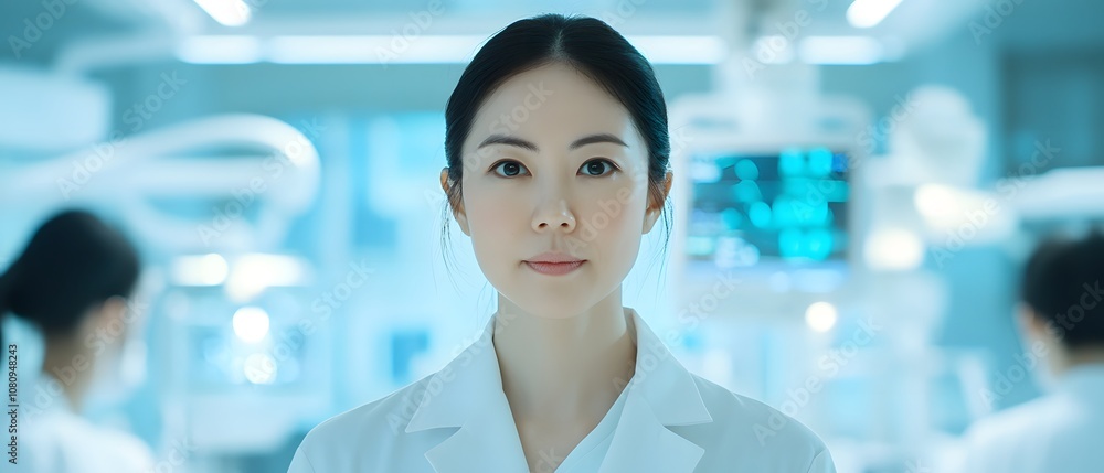 Poster Professional female scientist in laboratory setting showcasing modern research practices with high-tech equipment and a focused expression on her face