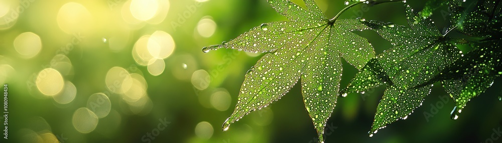 Poster refreshing nature scene of dewy green leaves with bokeh background in a tranquil forest setting