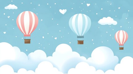 Obraz premium Three colorful hot air balloons fly above fluffy clouds in a light blue sky with white hearts.