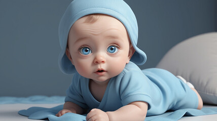 A close-up portrait of a baby with a big blue eyes