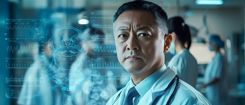 Healthcare Professional Stands Confidently in a Team Environment with Digital Medical Graphics Overlay Reflecting Advanced Technology and Patient Care Strategies