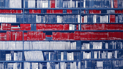 Books arranged compactly on shelves, featuring red, blue, white spines.