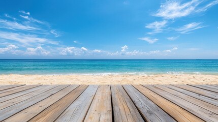 Fototapeta premium Wooden floor or plank on a sand beach with calm sea and blue sky for product display.