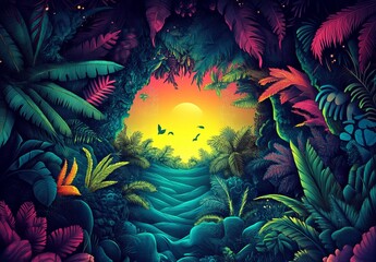 Experience an enchanting and colorful jungle scene that captures the essence of a fantastical realm. 