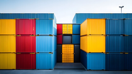 Fototapeta premium Image depicts an organized array of colorful shipping containers, primarily blue, yellow, and red, neatly stacked in a storage yard or shipping facility.