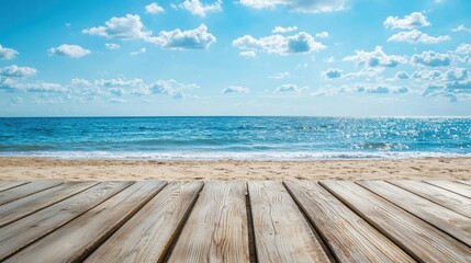 Fototapeta premium Wooden floor or plank on a sand beach with calm sea and blue sky for product display.