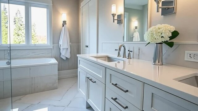 Modern white bathroom interior with double sink vanity and bathtub