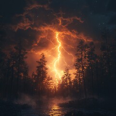 Lightning strikes dramatically over tranquil forest lake at night nature scene atmospheric phenomenon