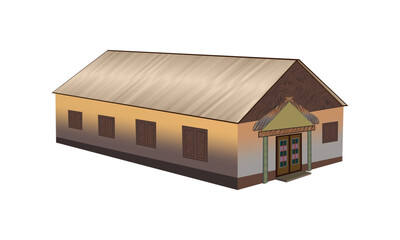 Traditional rural house vector illustration with wooden door and pillars, brown gradient walls, and sloping roof - ideal for architecture and cultural design projects