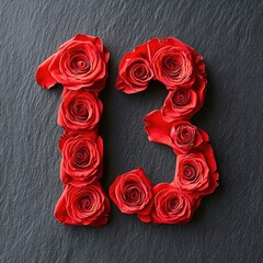 Number "13" made of red roses, on black stone surface or table
