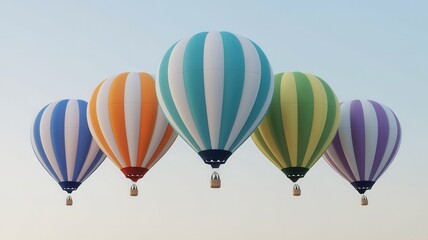 Obraz premium A vibrant display of five colorful hot air balloons floating against a clear sky, showcasing a mix of stripes in orange, green, blue, and purple.