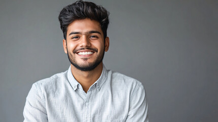 Obraz premium Confident and successful: portrait of a cheerful young indian businessman smiling against a gray backdrop