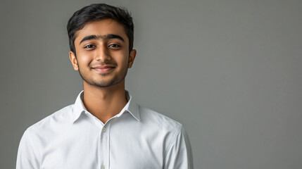 Obraz premium Confident young indian businessman in a white shirt, posing with a smile against a gray backdrop