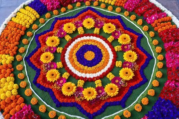 Vibrant Rangoli Designs Enhanced with Flowers for Indian Cultural Celebrations