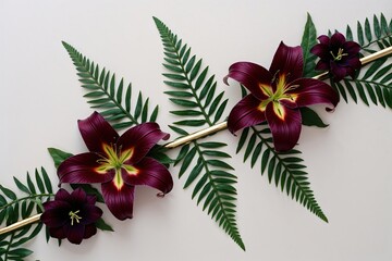 Elegant Burgundy Lily and Fern Frond Floral Corner Border Design for Invitations and Thank You Cards