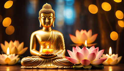 Fototapeta premium Thai golden Buddha statue and lotus flower. heaven background