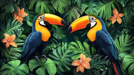 Two toucans with orange beaks and blue and yellow feathers are facing each other in lush tropical foliage with orange flowers.
