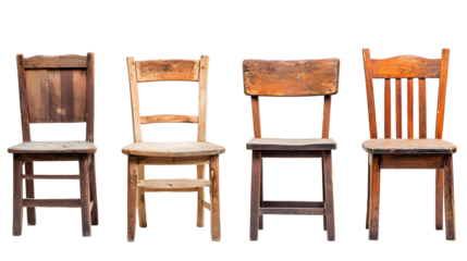 Set of old rustic wooden chairs on a transparent background. isolated background.