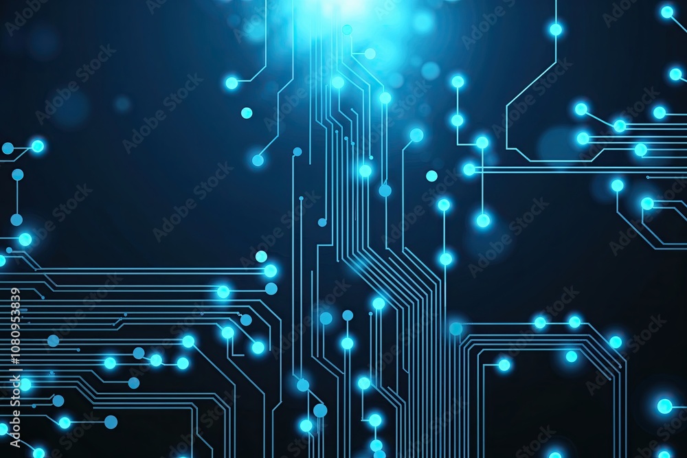 Poster glowing digital network circuit board background with connecting dots in dark blue and black