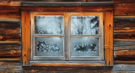 Frosty patterns on wooden cabin window in winter