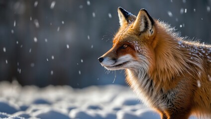 A red fox in a snowy landscape, looking to the side.