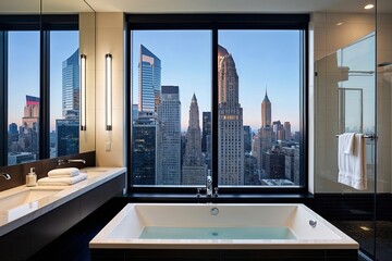Elegant Urban Hotel Bathroom Design Featuring Modern Bathtub and Expansive City View Window