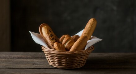 Rustic basket filled with fresh baguettes on wooden table