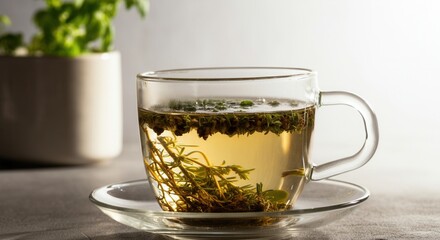 Warm herbal tea in transparent glass cup on saucer