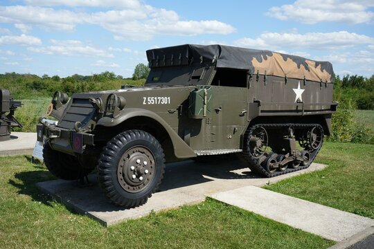 An American WW2 M3-M5 Half Track, a Normandy landings survivor. Outside The Pegasus Museum. B&eacute;nouville, France, July 2023. 