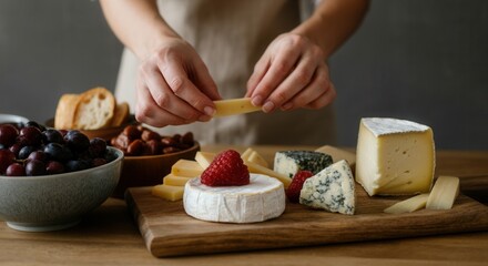 Artisan cheese selection with fresh fruit nuts on wooden board