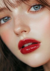 Fototapeta premium A woman with red lipstick and blue eyes