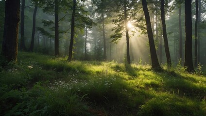 Obraz premium A sunlit forest with tall trees, and morning mist.