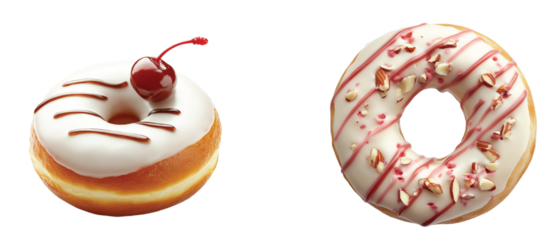 Donut is topped with a smooth white glaze, with thin drizzles of chocolate and a cherry placed on top for a simple yet delicious look