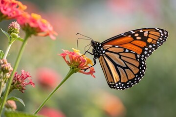 Fototapeta premium Close-up of a Beautiful Butterfly Sipping Nectar from a Vibrant Flower, insect, garden, close up