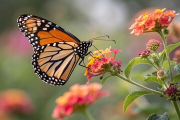 Close-up of a Beautiful Butterfly Sipping Nectar from a Vibrant Flower, beauty, macro photography