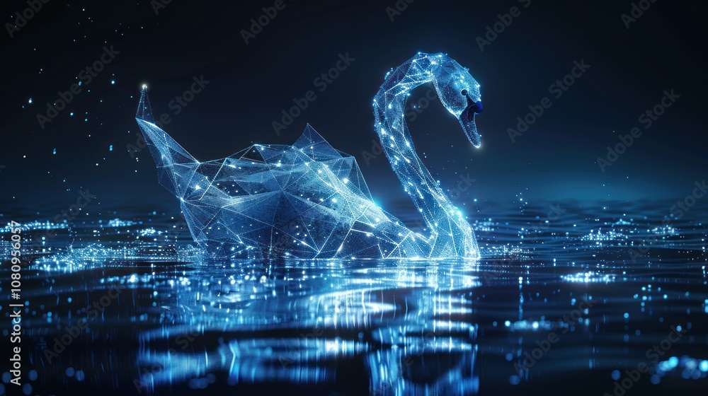 Poster a digital rendering of a swan made of glowing lines, floating on a dark blue water surface.