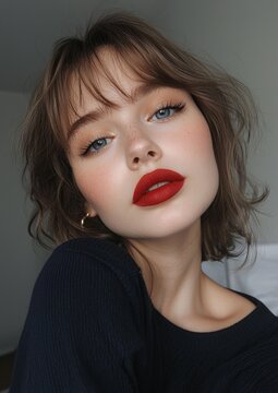 A woman with red lipstick and blue eyeshadow