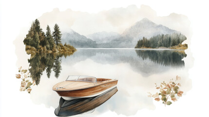 Obraz premium Serene mountain lake scene with wooden boat and misty forest reflections